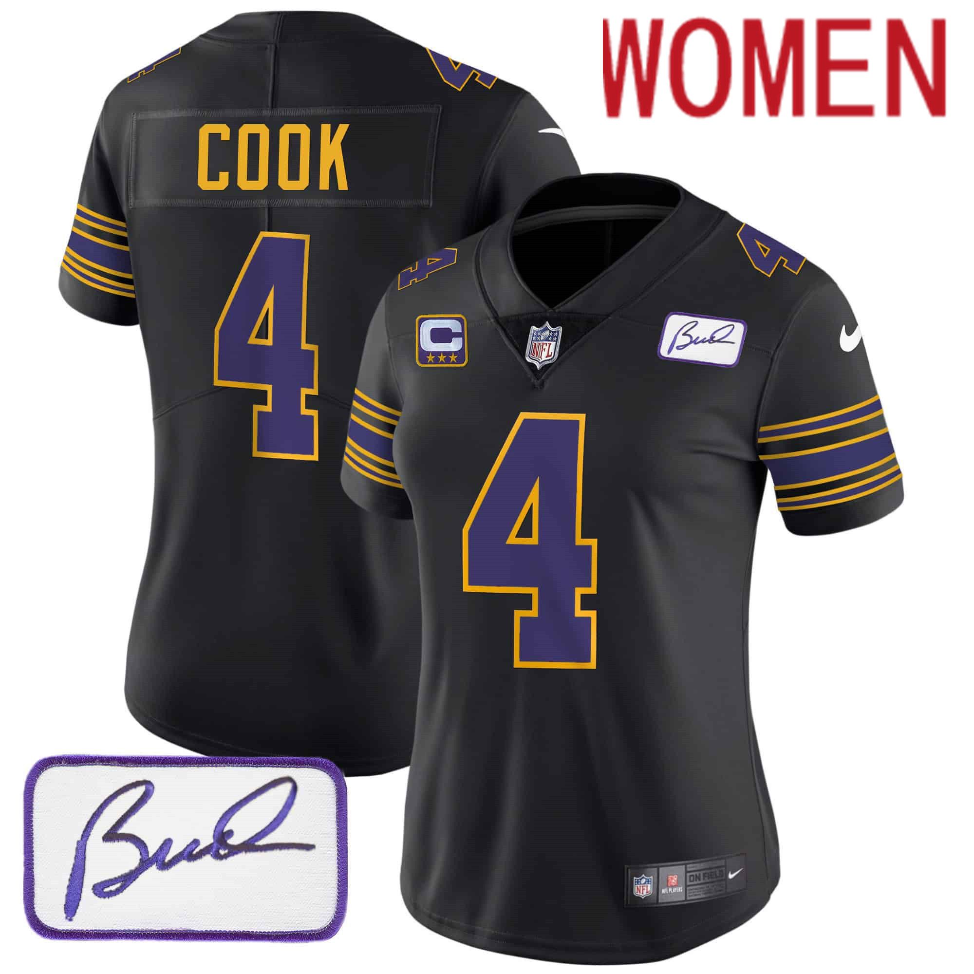 Women Minnesota Vikings #4 Cook Black 2024 Nike Bud Grant Patch Classic Limited NFL Jersey